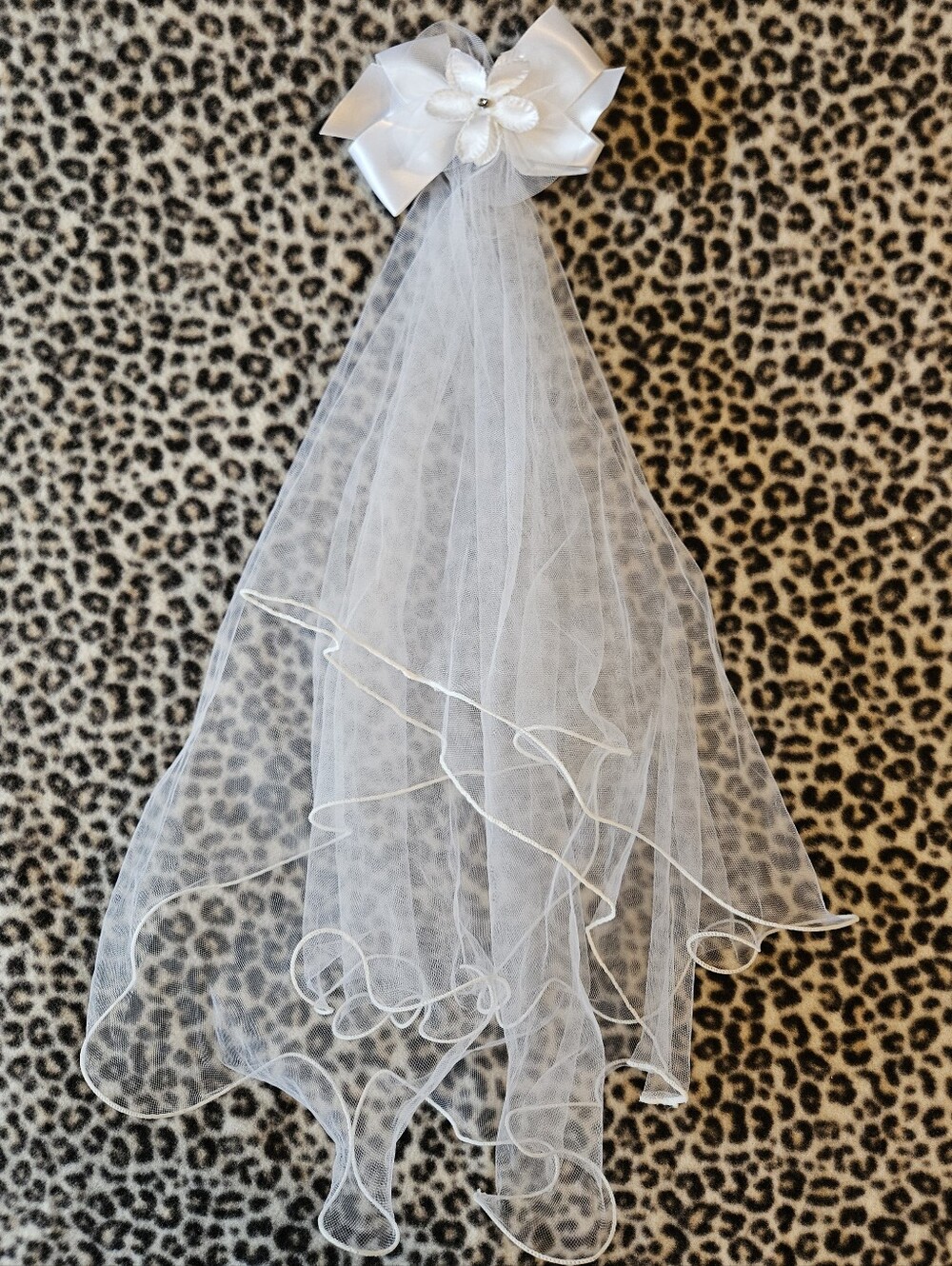 Bright White Tulle Veil Hair Bow with Satin Bow and Flower, Like-New